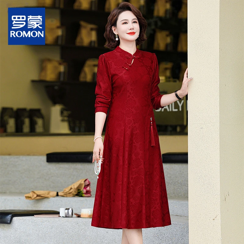 结婚礼服喜妈妈喜服春秋装连衣裙红色2025新款喜长袖婚宴中式旗袍