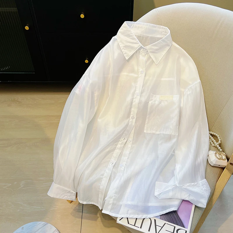 法式超薄时髦防晒衬衫女夏季2025新款蕾丝小众珠光薄款透气衬衣潮