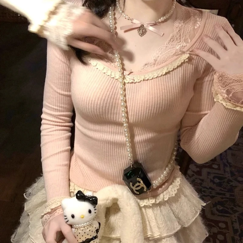 【冬日搭子】甜妹蕾丝拼接掐腰针织修身纯欲风打底衫显瘦上衣女