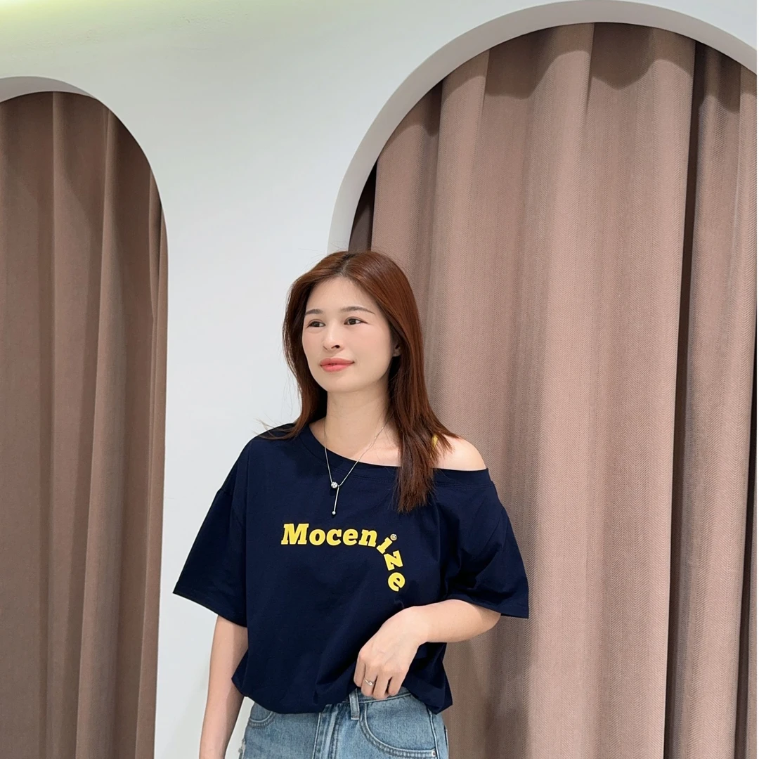 萱萱【斜肩短袖】夏季百搭显瘦字母印花上衣589633 061001