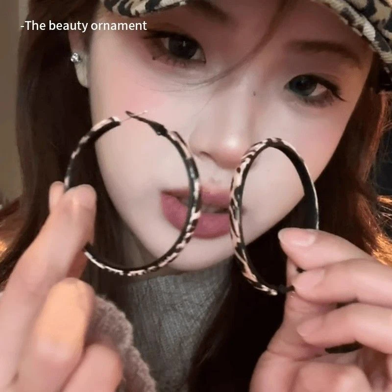 法式复古豹纹素圈大号耳环女甜酷辣妹耳钉2024年新款通勤百搭耳饰