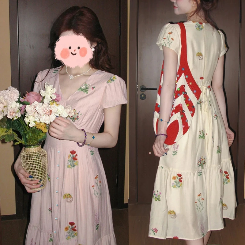 FRVXO【甜心轰炸机】粉色刺绣V领气质连衣裙夏季泡泡袖收腰长裙女