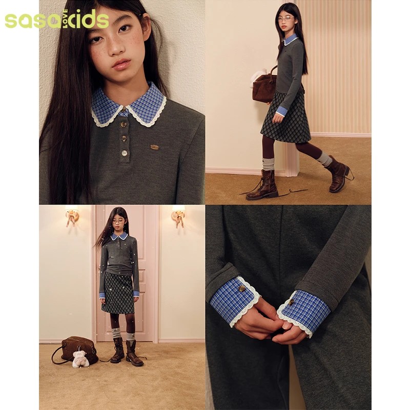 sasakids【MIU系女孩】秋冬磨毛保暖假两件polo打底衫娃娃领女童