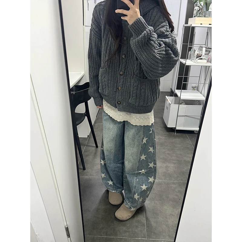 美式复古慵懒风秋冬连帽开衫毛衣外套女设计感麻花灰色针织衫上衣