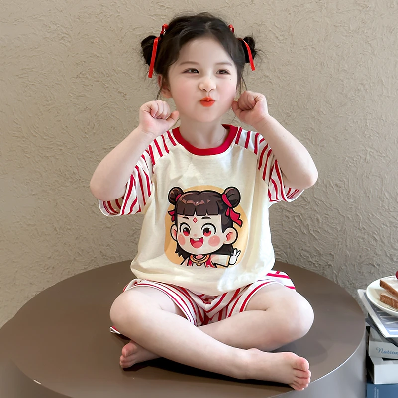 儿童家居服女童睡衣纯棉a类2025新款女孩宝宝哪吒短袖套装春夏款6