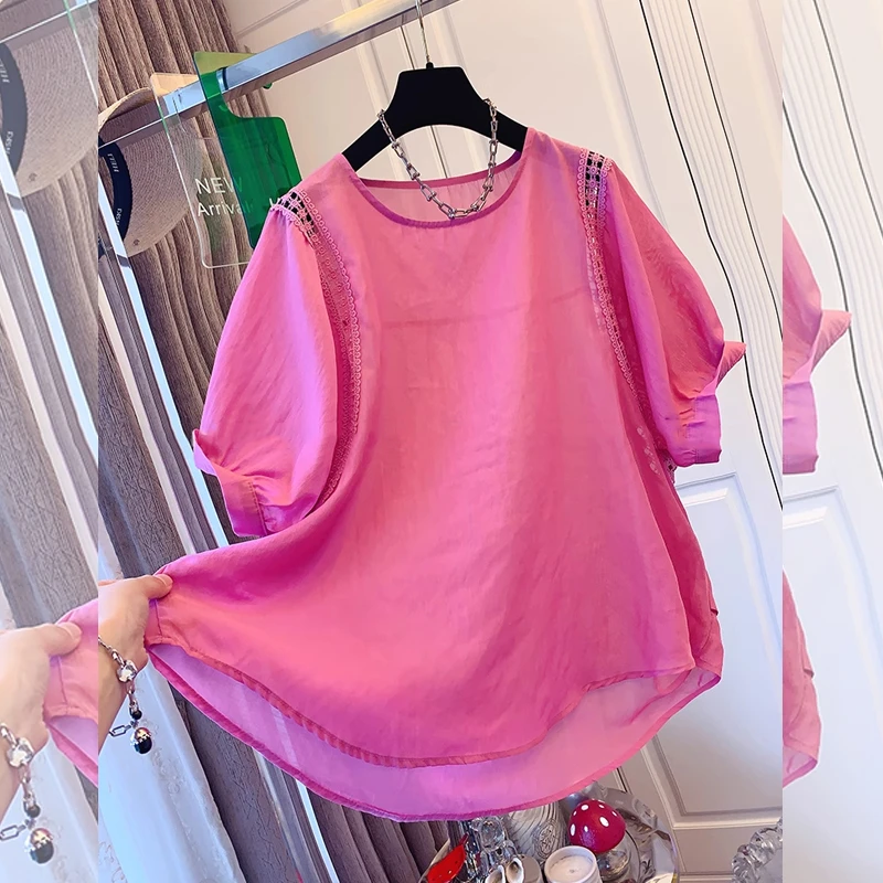 法式蕾丝镂空衬衫女夏季大码宽松短袖纯色高级感多巴胺百搭上衣潮