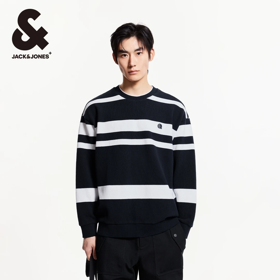 杰克琼斯秋季舒适百搭衣身条纹休闲时尚潮流宽松罗纹圆领卫衣男装