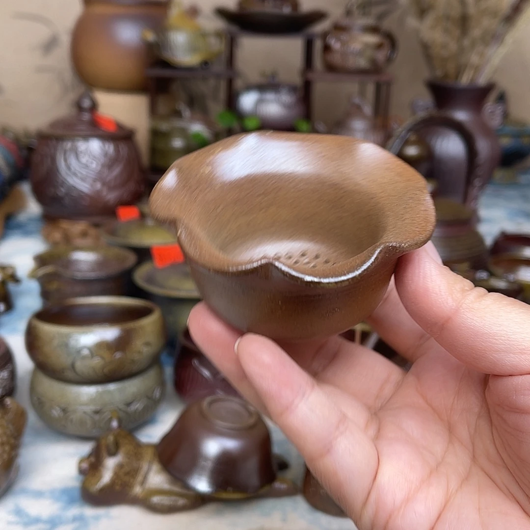 高温柴烧花边口茶漏