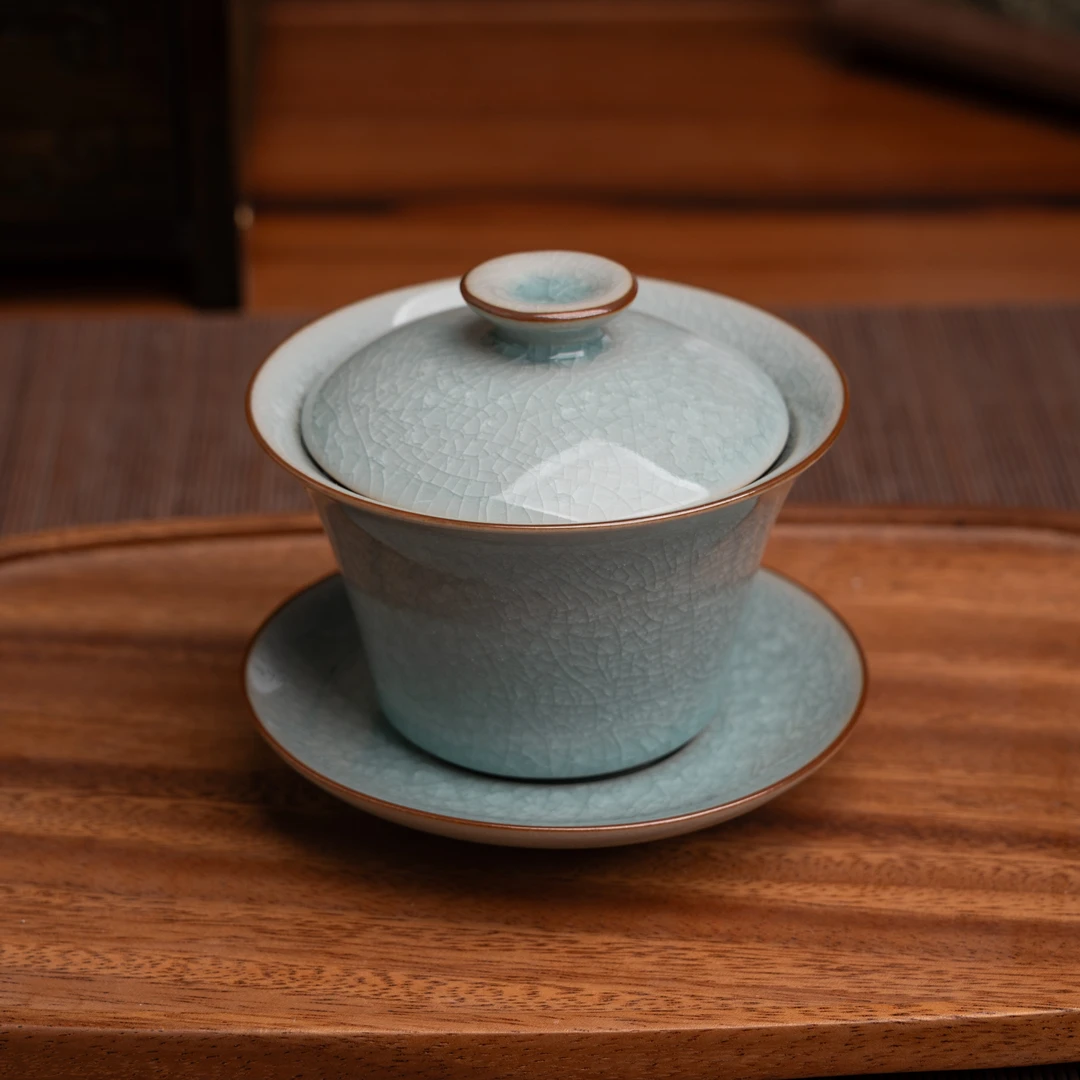 冰花马蹄盖碗龙跷125cc圈足功夫茶具泡茶冰花釉开片汝窑安全发货