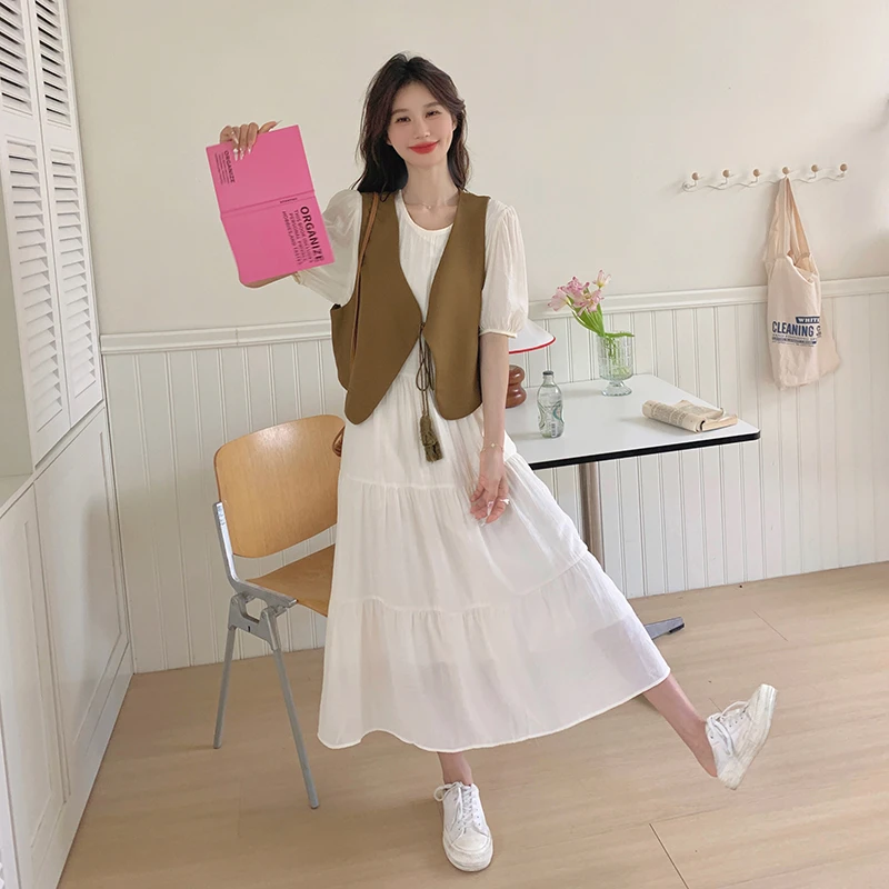 法式绝美马甲连衣裙套装女夏季文艺复古小香风马夹两件套洋气长裙