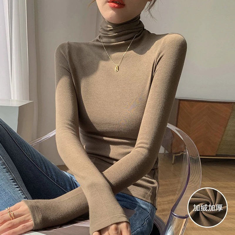 [加磨毛]韩系堆堆领软糯亲肤上衣高领百搭纯色长袖修身打底衫新款