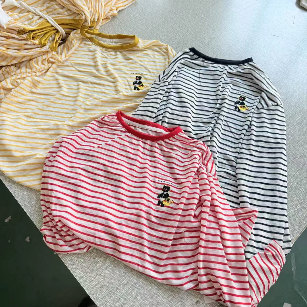 0272【夏季新款】胸前菜篮子厨娘小黑猫条纹百搭防晒T恤（2839）