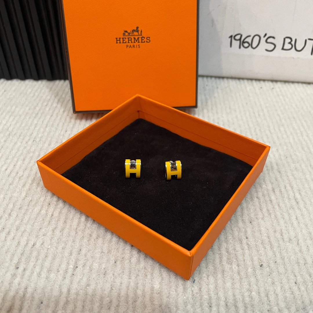 95新 Hermes/爱马仕 黄色H耳钉 POP耳钉