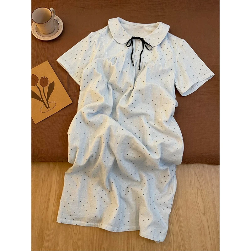 娃娃领波点印花短袖睡裙女夏季韩系甜美可爱宽松连衣裙可外穿睡衣