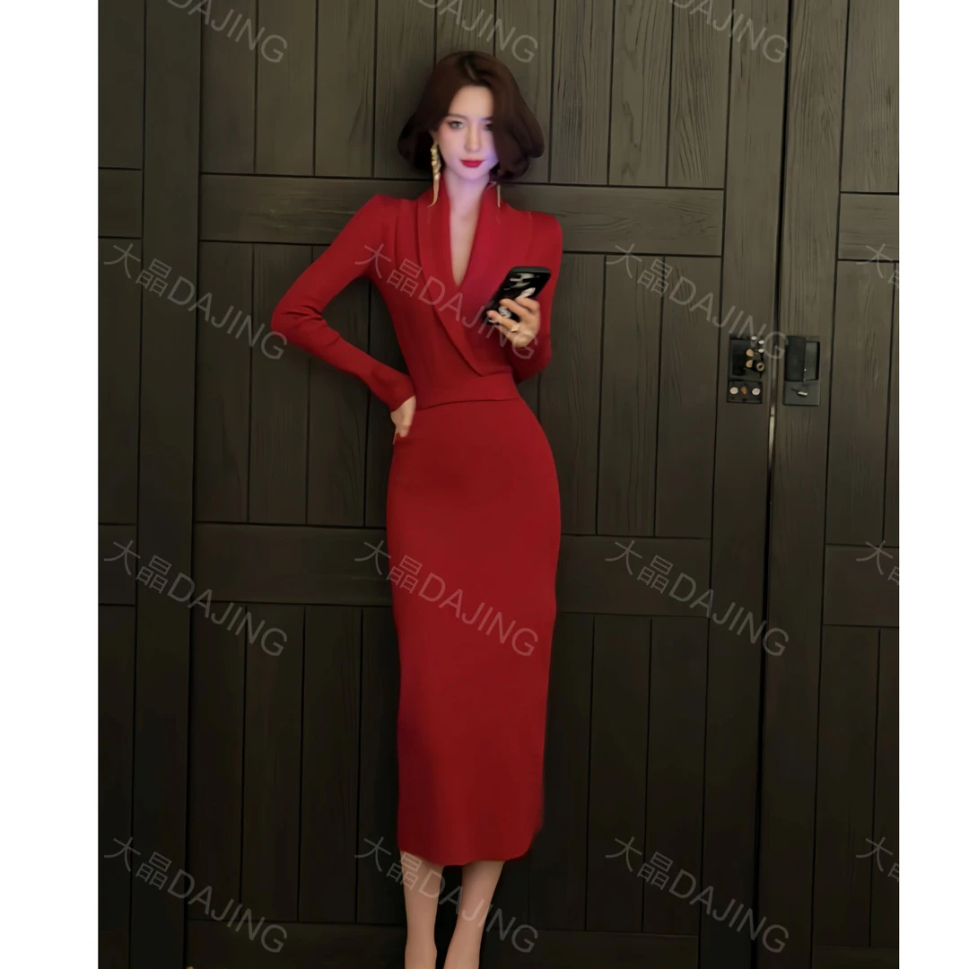 【大晶定制】秋冬季时尚新款红色羊毛针织气质修身中长款连衣裙