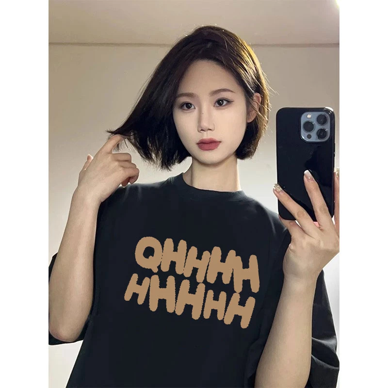 100%纯棉短袖T恤男女同款oversize美式小个子黑色短袖T恤女2025新