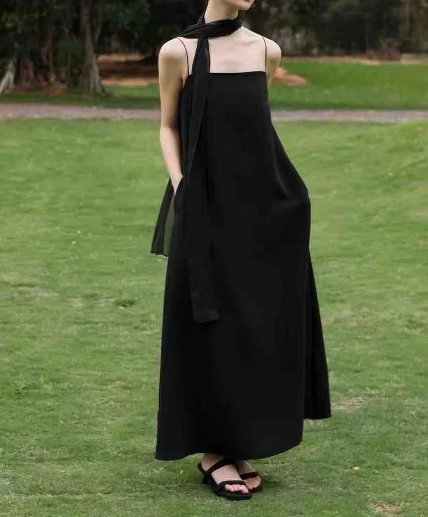 法式优雅配飘带抹胸吊带连衣裙6067