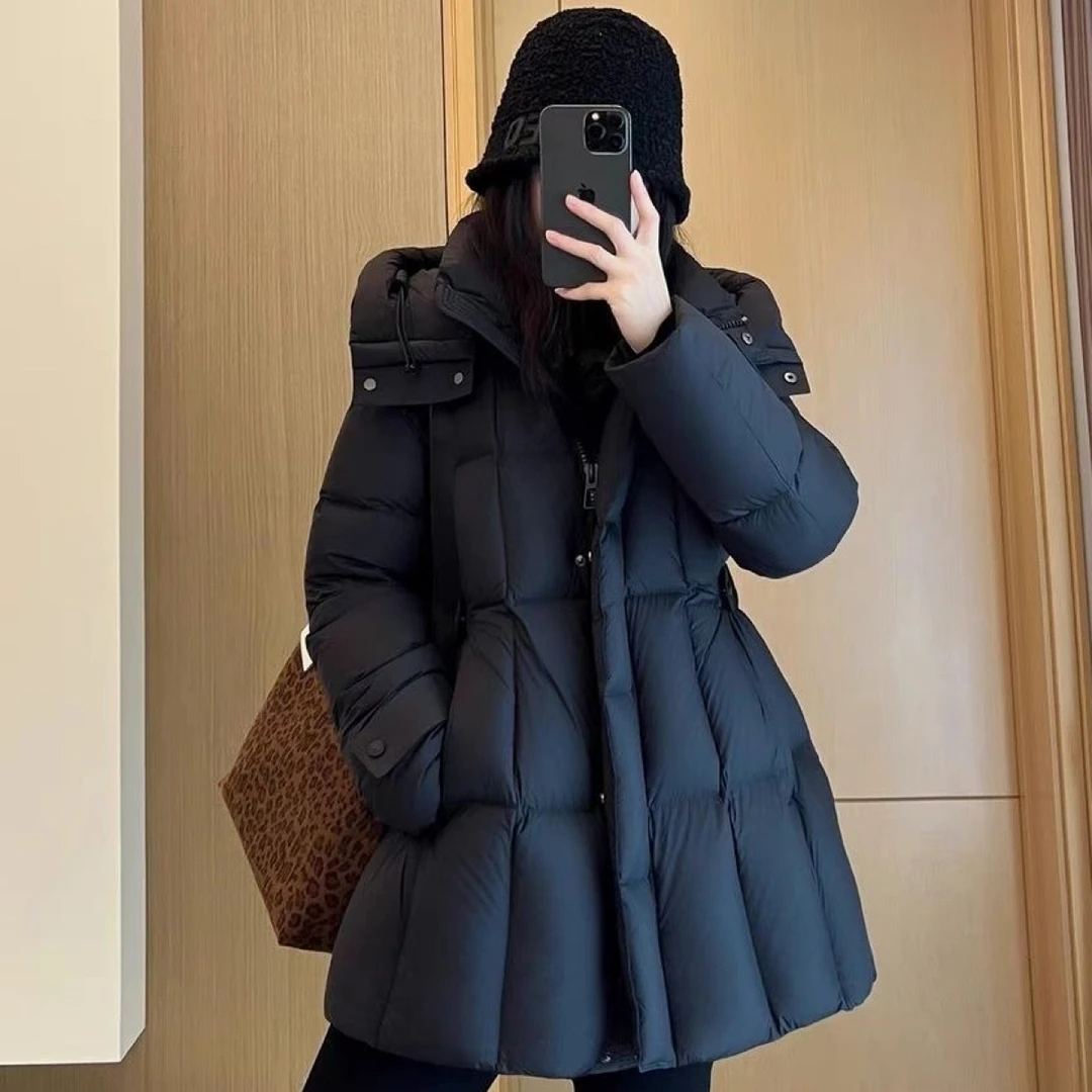 【在逃公主4.0】90鸭绒连帽收腰中长款女气质羽绒服