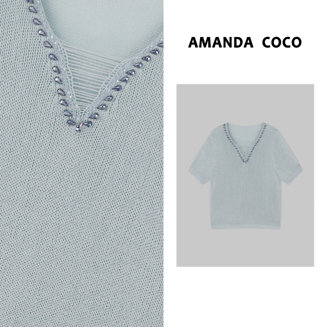 静静 | 春夏高定串钻小v领百搭显瘦短袖针织衫