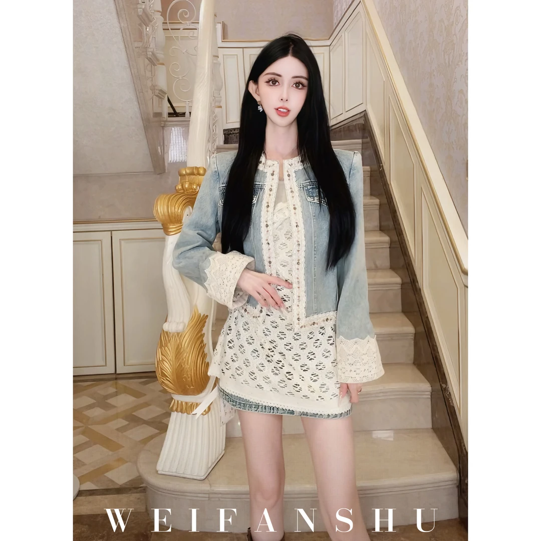 WEIFANSHU/魏凡舒【悉尼海岸】夏季新款时尚设计感花边拼接牛仔外套