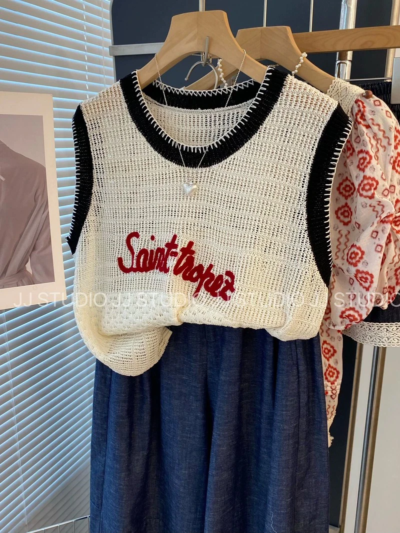 2025夏季新款时尚百搭圆领拼色刺绣字母针织衫无袖小衫女上衣潮