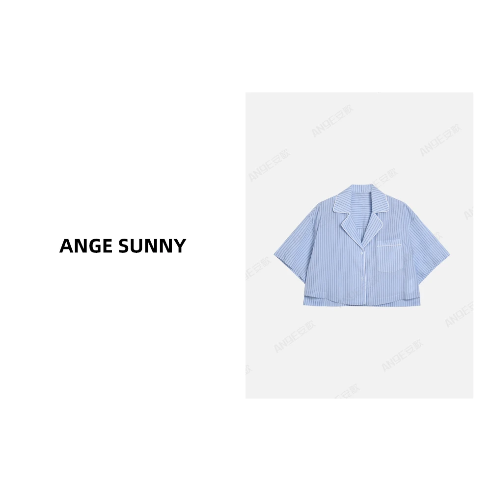 ANGE SUNNY【条纹套装 短款衬衫】a*w女士睡衣式短袖竖条纹上衣