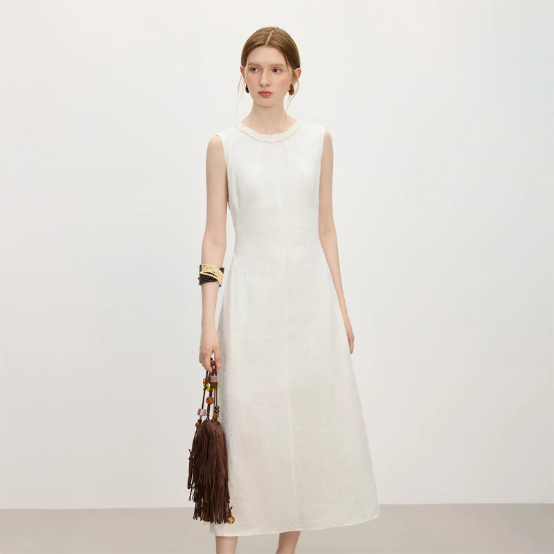 范思蓝恩木耳边亚麻圆领无袖连衣裙夏新款优雅气质长裙25FS12773