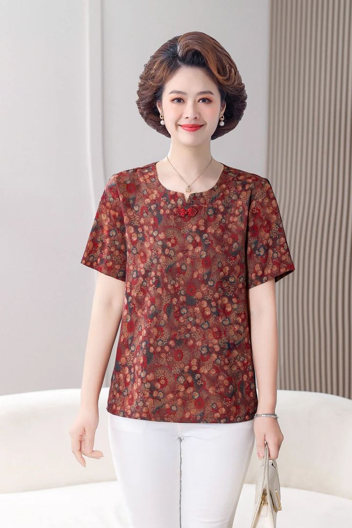 2025年新款中老年妈妈，奶奶时尚洋气高档宽松复古盘扣上衣短袖