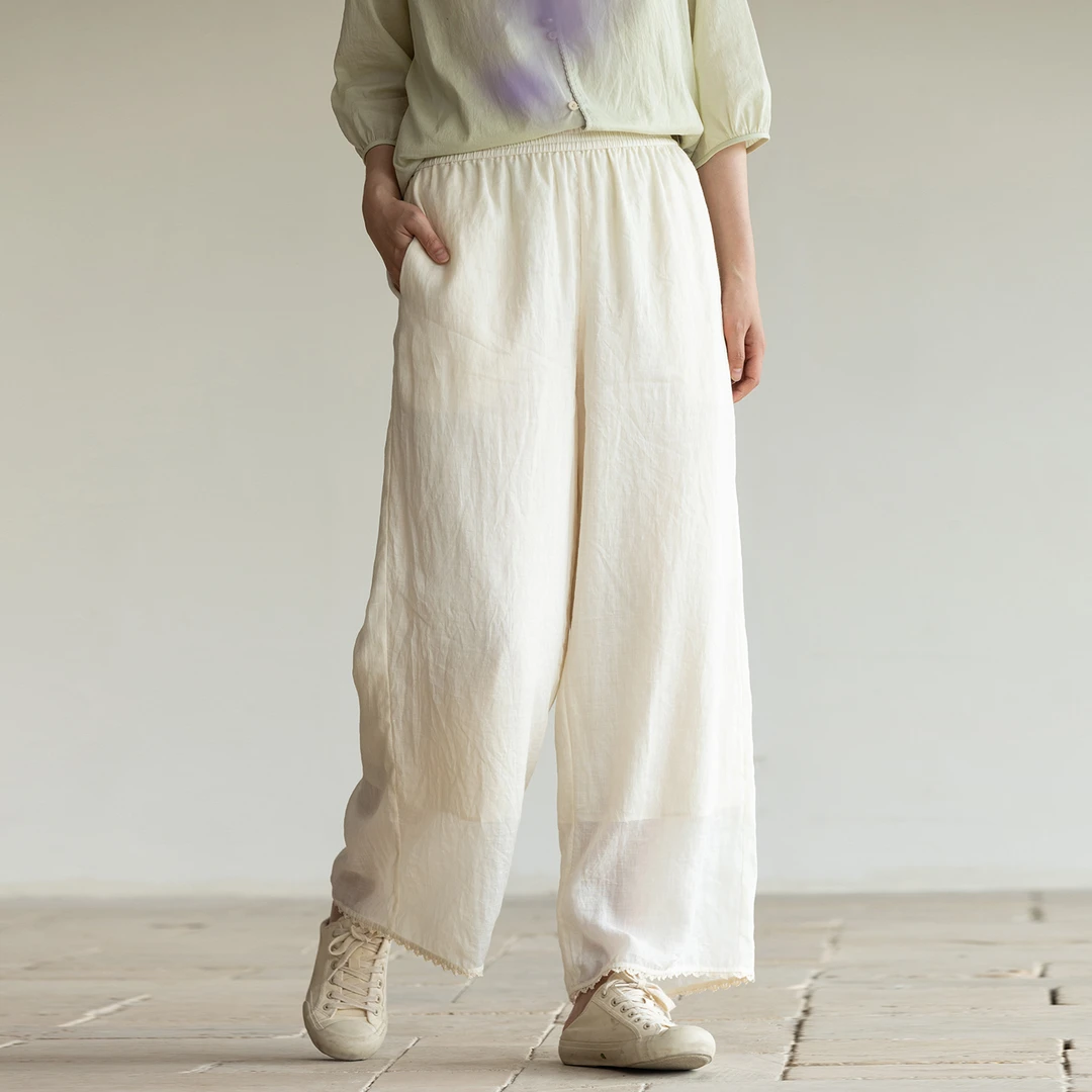 牧衣游原创 净色苎麻裤子轻盈透薄文艺通勤宽松百搭休闲裤 染花落