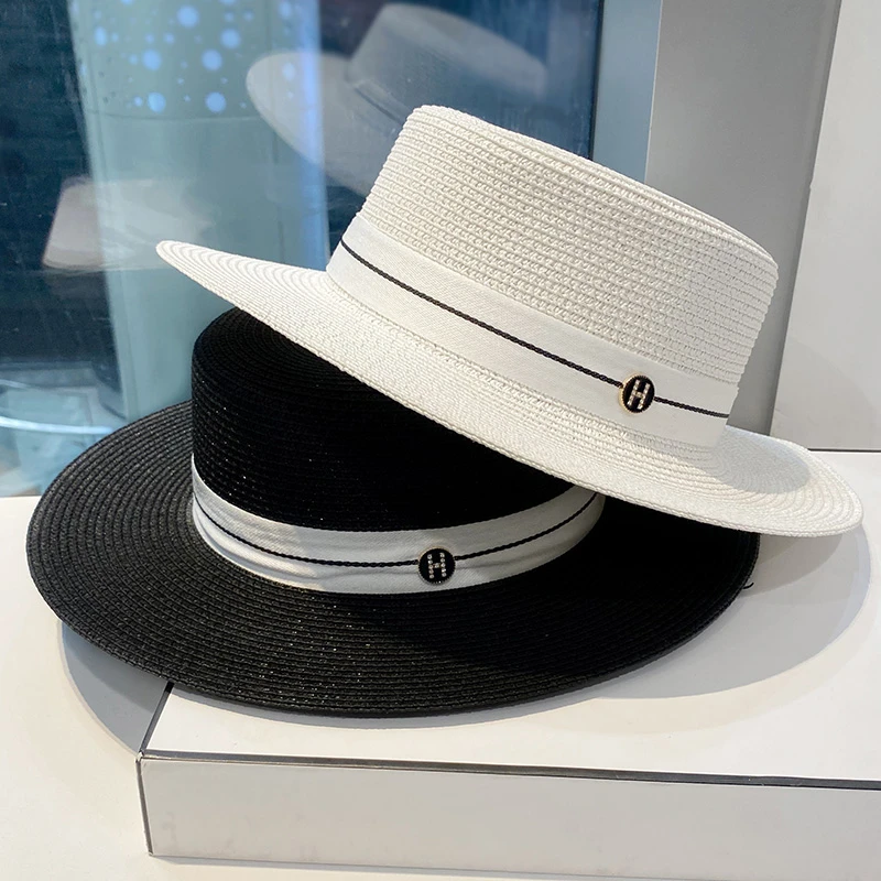 culv平顶草帽女日系韩版夏天海边沙滩防晒遮阳帽英伦复古时尚礼帽