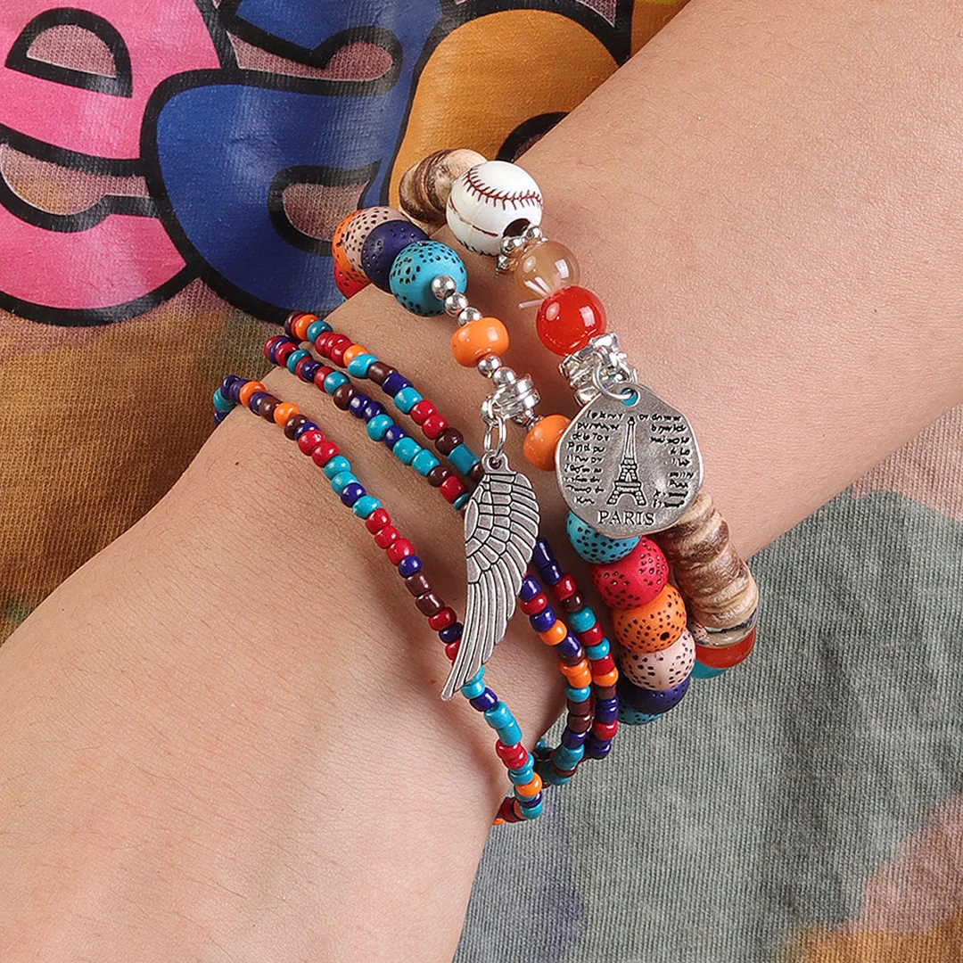 合金琉璃手链 复古合金手链彩色波西米亚民族风手串多层百搭情侣