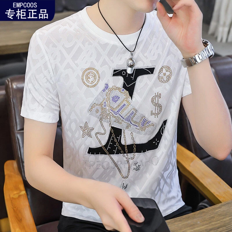 跨境欧洲站轻奢夏季青年男士短袖重工烫钻T恤男上衣大码丝光棉T恤