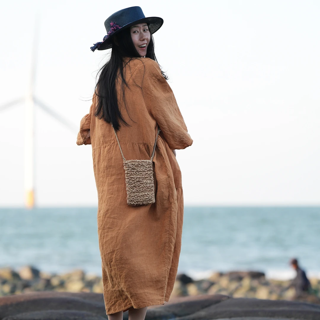 几见 原创设计夏季亚麻长袍禅意袍子斜盘扣文艺范复古国风W52103