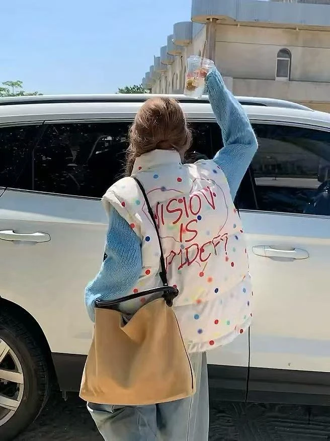 格纹正反两穿羊羔毛马甲秋冬oversized慵懒风甜美印花棉衣女外套