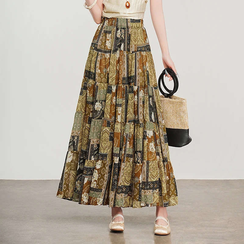 2025夏季新款文艺民族风印花半身裙女垂感拼接大摆长裙雪纺a字裙