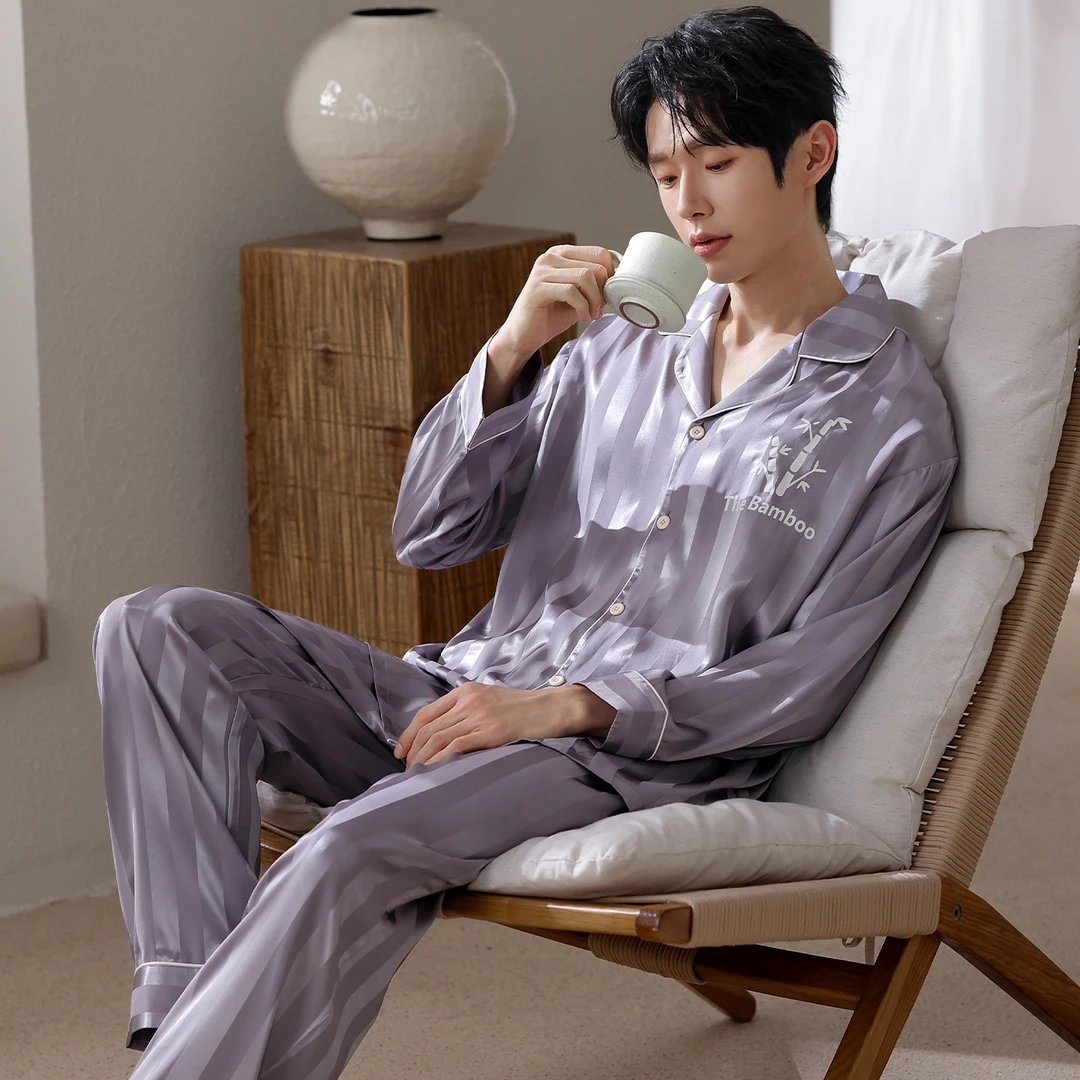 YIHAN-秋季新款冰雪丝睡衣男士亲肤轻薄透气可外穿宽松家居服套装