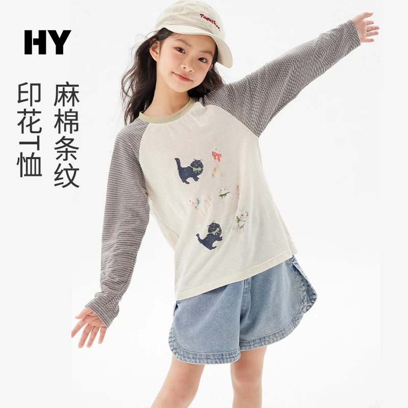 儿童棉麻T恤2025夏季新款女童韩版卡通长袖中大童宽松透气上衣潮