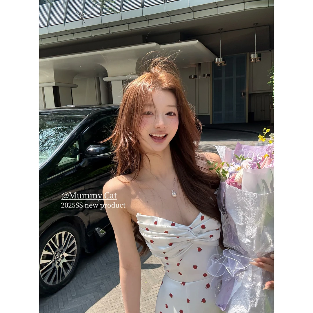 Mummy Cat下蛋喵【小野玫瑰】缎面玫瑰印花波点礼服吊带连衣裙