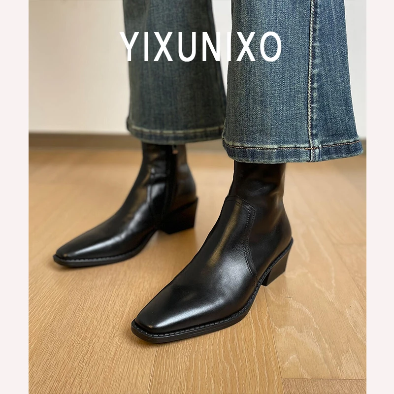 牛皮版~法式复古小方头短靴女粗跟高跟靴子英伦风时尚棕色马丁靴