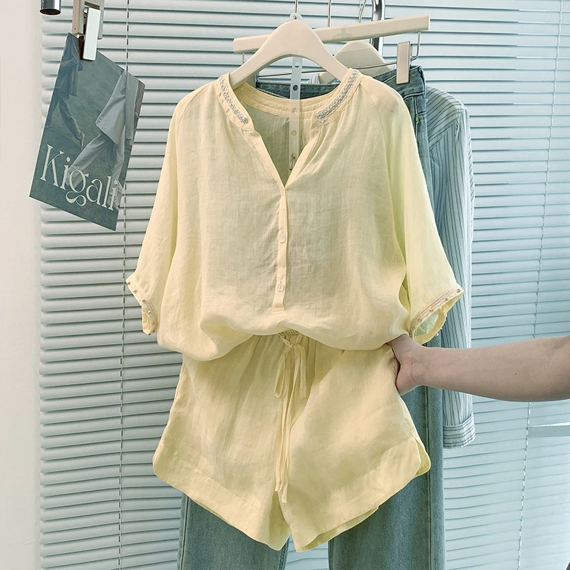 夏季时尚新款气质休闲套装女钉珠衬衫短袖百搭短裤慵懒风宽松上衣