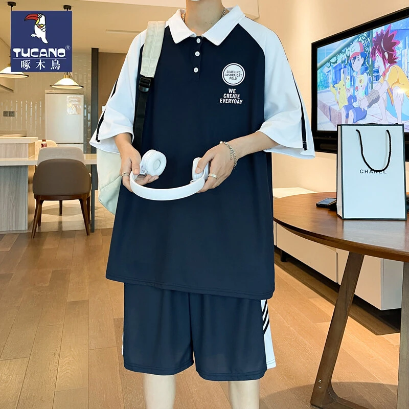 初中高中学生潮流短袖t恤男孩polo衫青少年大童夏季帅气运动套装