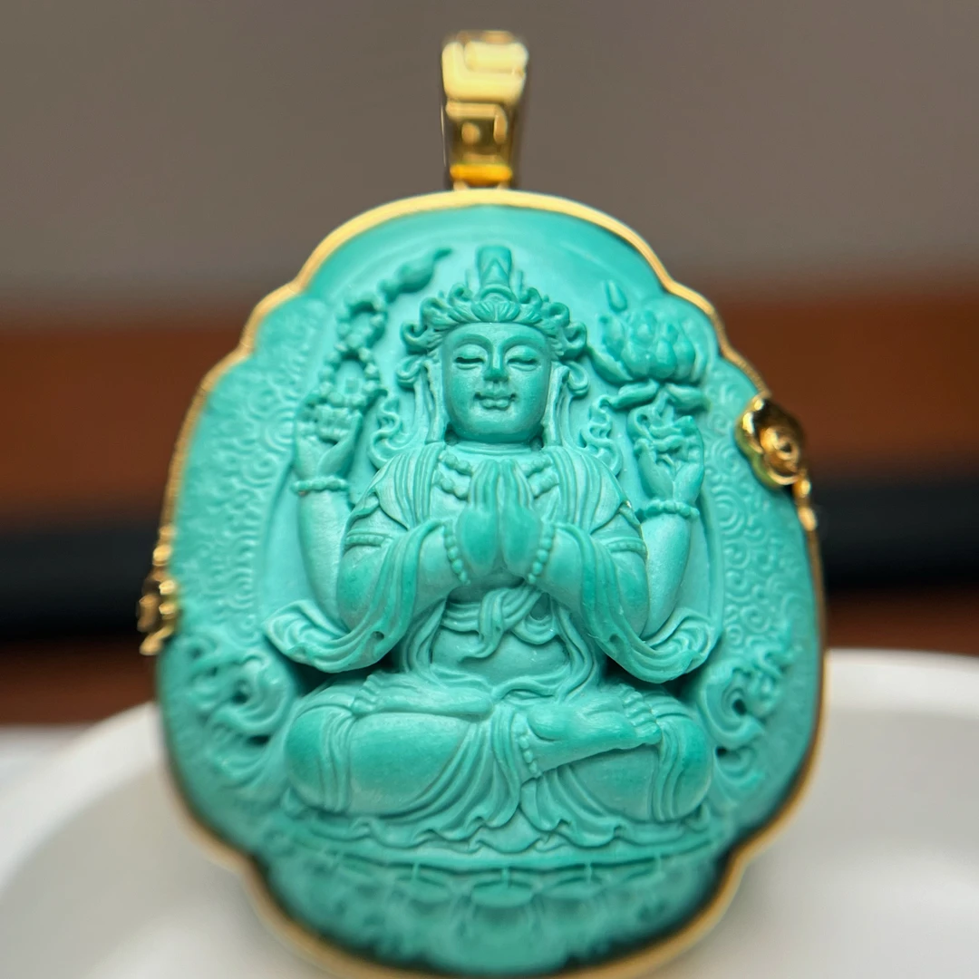 湖北原矿绿松石精品观音挂牌吊坠