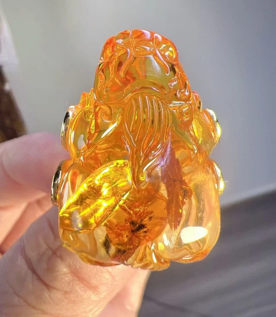天然俄罗斯花珀貔貅戒指 925银活口镶嵌 满金花招财貔貅时尚百搭