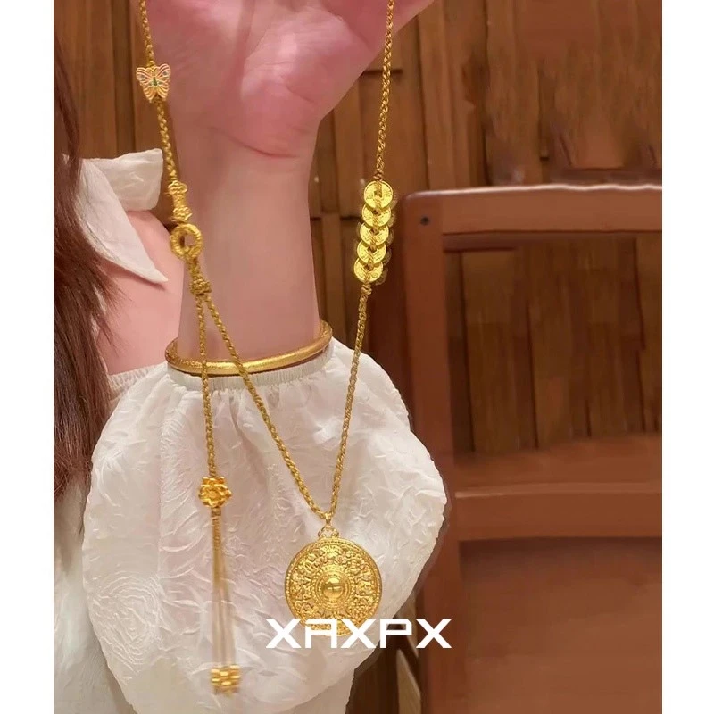 铜合金项链 轻奢八宝罗盘编绳项链五帝钱小滴溜气质锁骨链高级感