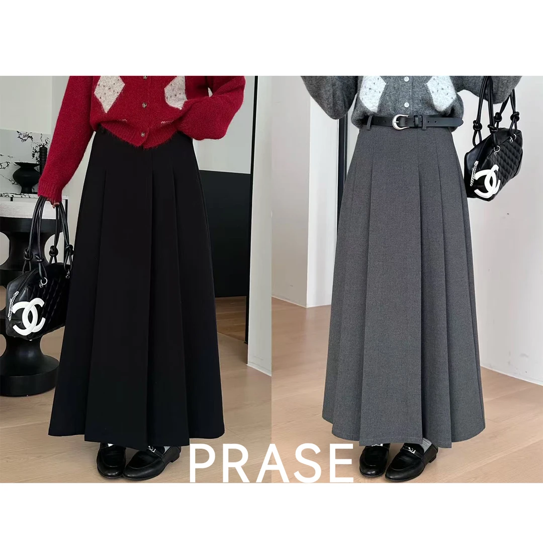 PRASE·噜【裙摆日记】微胖显瘦高腰A字气质毛呢百褶半身裙PR510B89