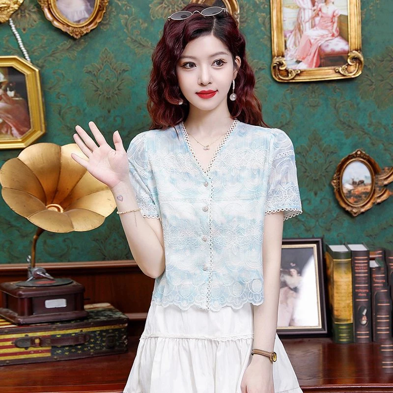 法式减龄短袖雪纺衬衫女2025夏季新款时尚洋气小衫小个子短款上衣
