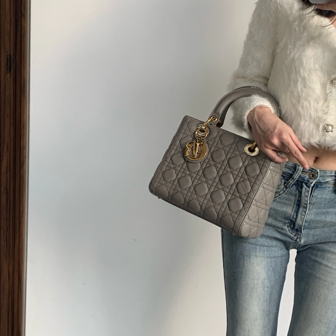 95新 DIOR/迪奥 dior 灰金五格戴妃手提包