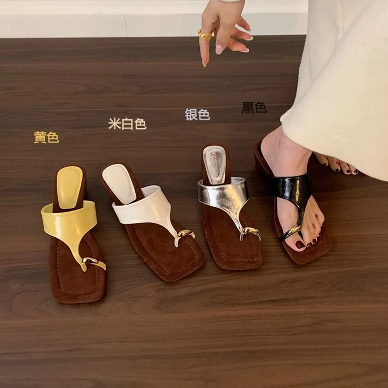 时尚ins复古夹脚高跟凉拖鞋女鞋外穿夏季设计感银色凉鞋高跟拖鞋