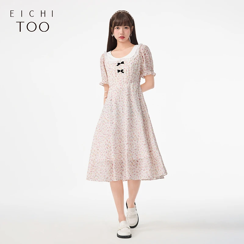 爱居兔夏蕾丝翻领印花优雅淑女短袖连衣裙EQLBJ2N090A
