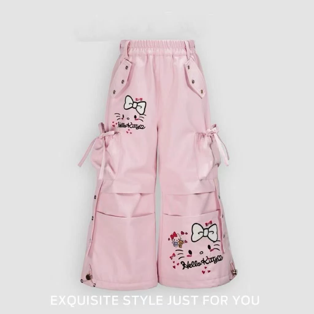 女童加绒裤子秋冬款2025新款儿童休闲裤中大童KT猫工装裤粉色裤子